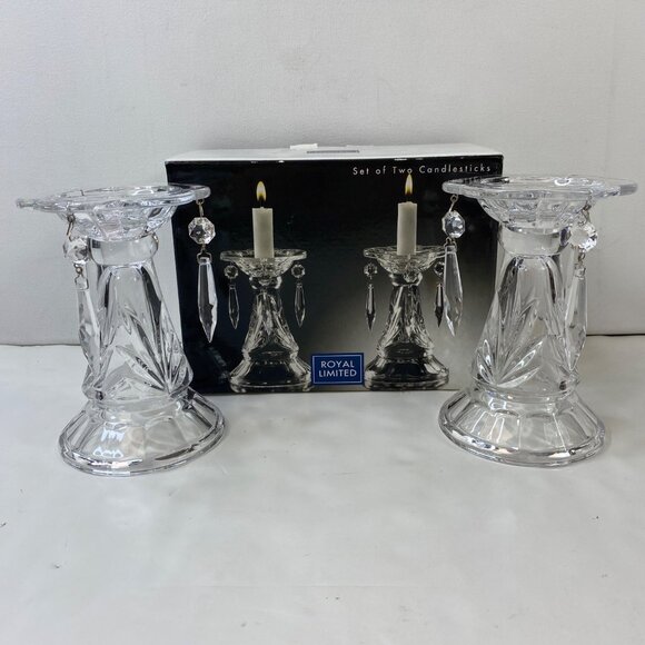 Royal Limited Lead Crystal Candlesticks Set 2 Dangling Prisms - Picture 1 of 16